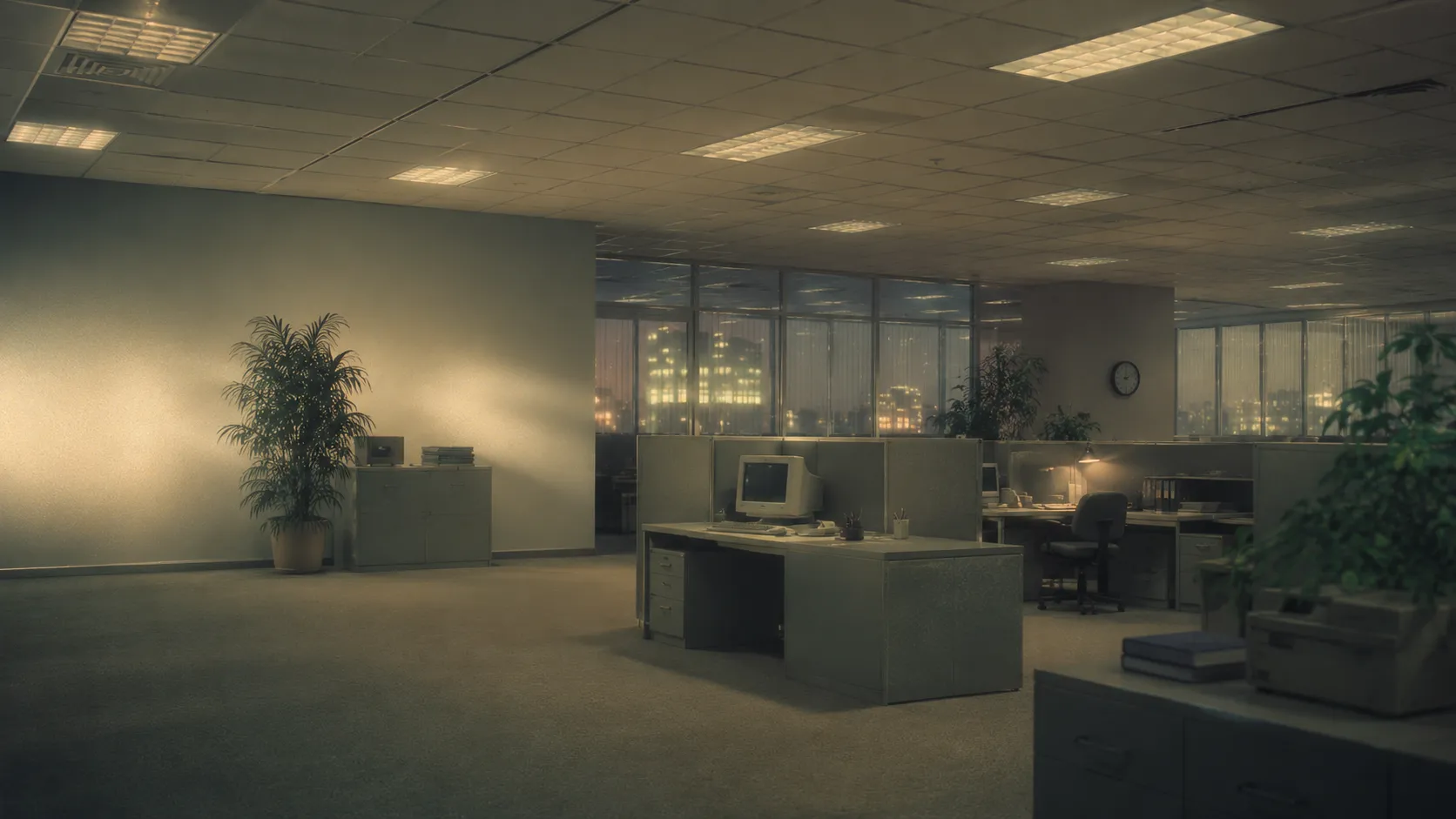 An illustrated office, with a glowing monitor and shelves of collected objects.